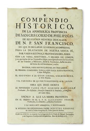 PHILIPPINES  MARTÍNEZ, DOMINGO. Compendio Histórico de la Apostólico Provincia de San Gregorio de Philipinas. 1756